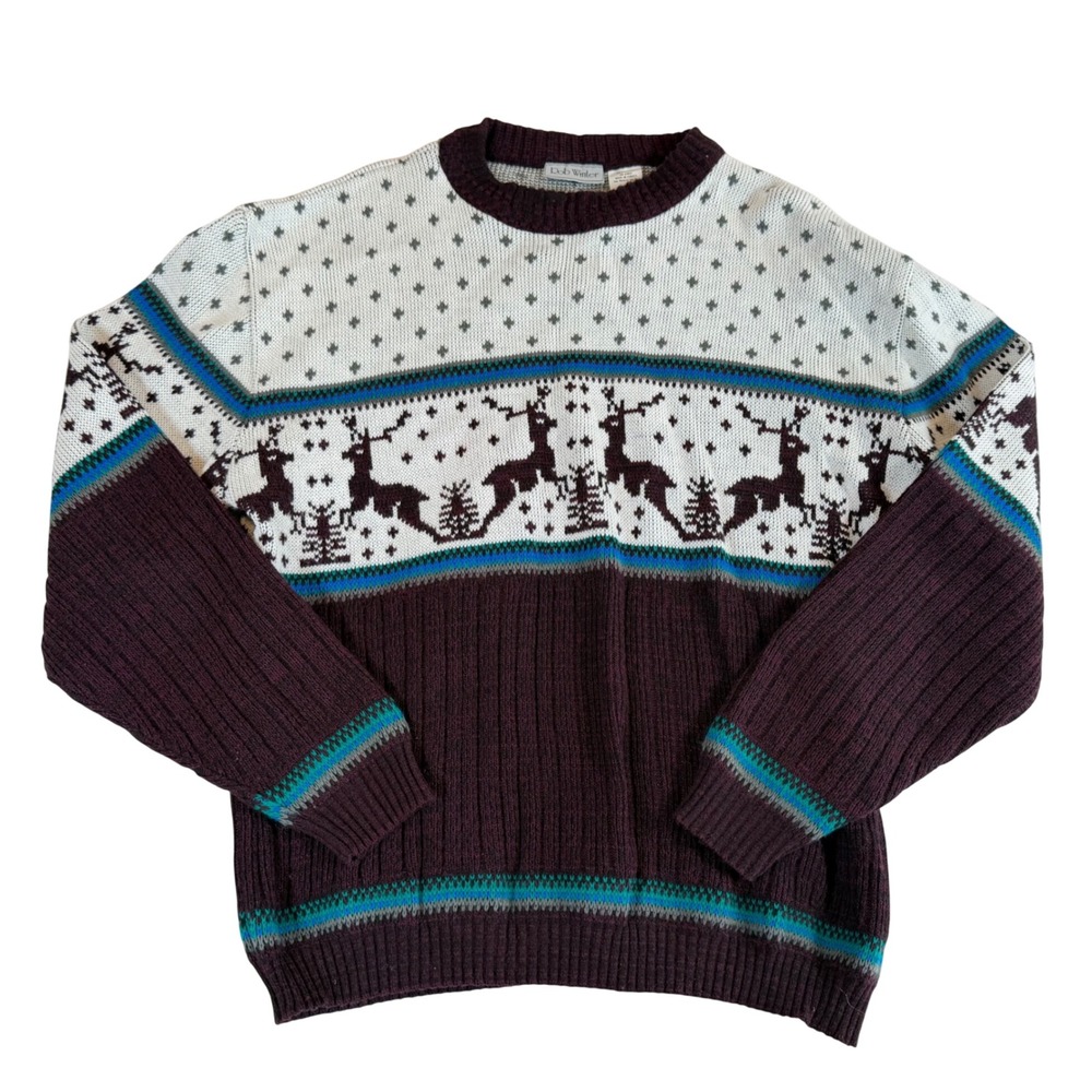 Vtg Rob Winter Fair Isle Reindeer Sweater XL Nordic Cabin Winter Jumper Snowflak